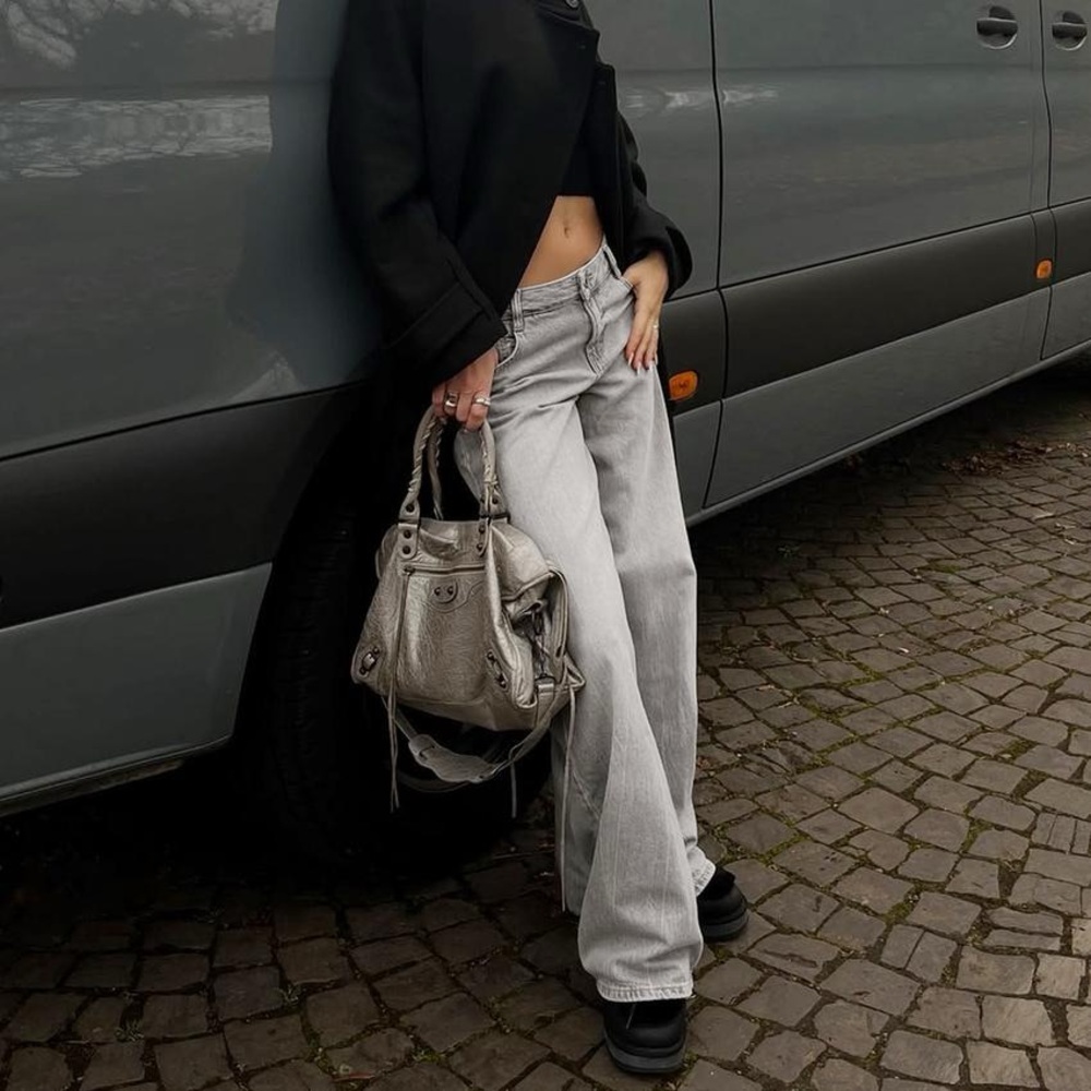 Zara Light Gray High-Rise Wide Leg Jeans